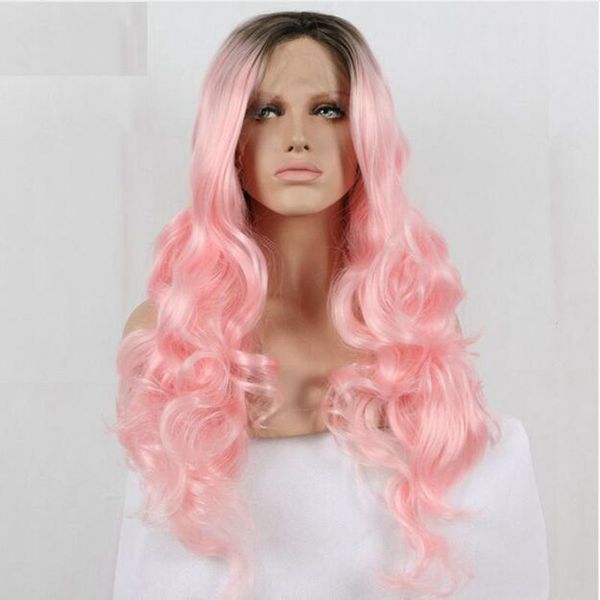 

парики из синтетического кружева перед светло-розовые темные корни парик объемной волны glueless синтетические парики из фронтального кружев, Black