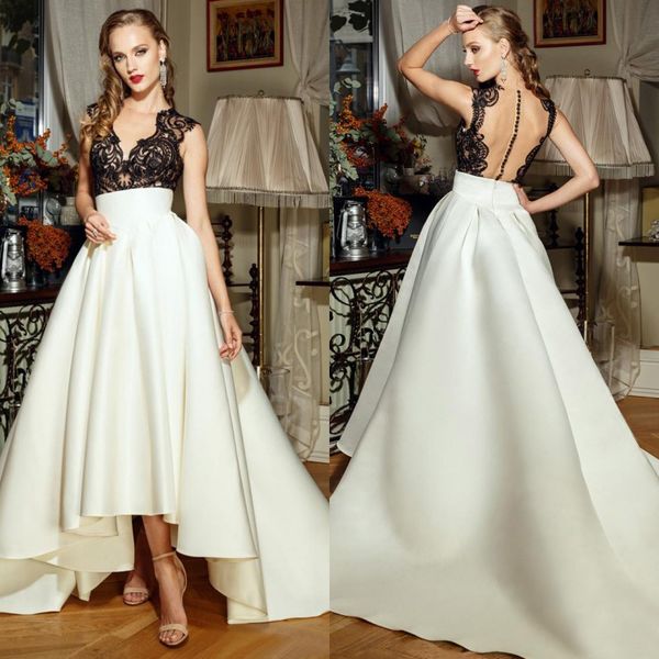 

vintage 2017 black and white high low wedding dresses illusion back sheer v neck lace satin long bridal gowns custom made en7174