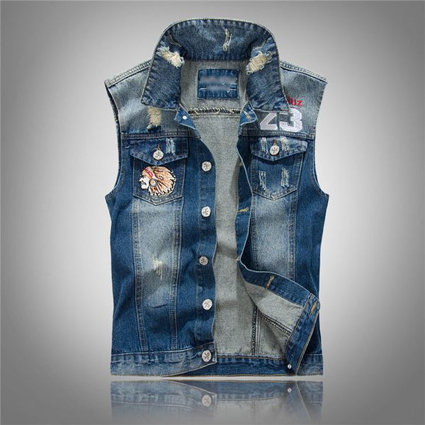 

wholesale- cool mens denim vest embroider letters slim fit motorcycle sleeveless jean jacket waistcoat for man, Black;white