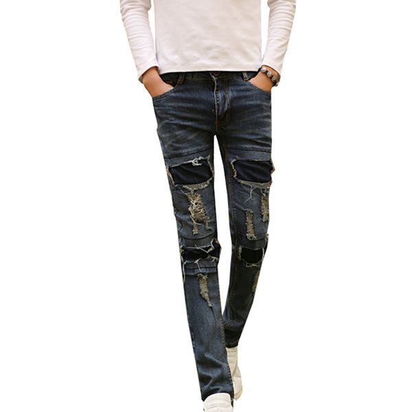 

wholesale- new men's ripped jeans brand designer badge patched hip hop vintage washed distressed slim fit denim pants for men n-zk015, Blue