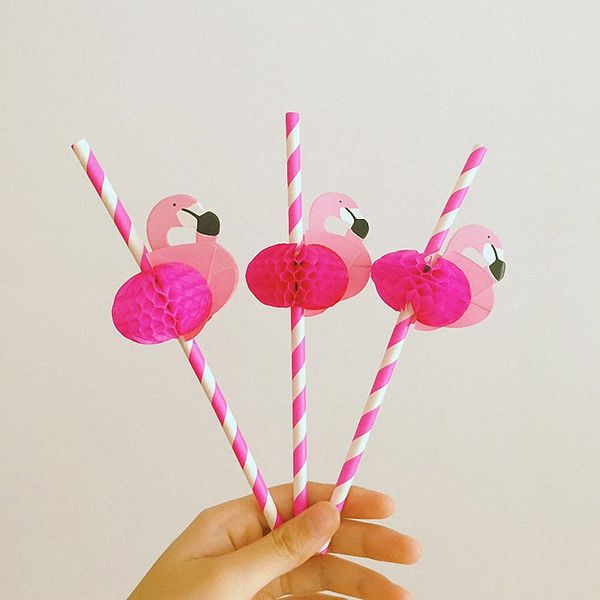 

wholesale- 25pcs cute cartoon pink honeycomb flamingos colorful stripe paper drinking straw bird stick for weddings party decoration