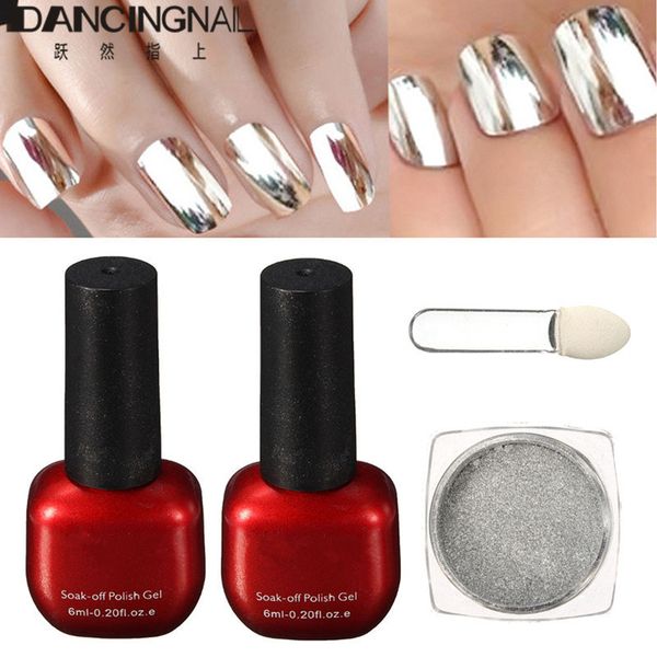 

wholesale- 4pcs/set shinning silver mirror glitter powder nail art magic chrome pigment dust base coat coat uv gel kit with brush