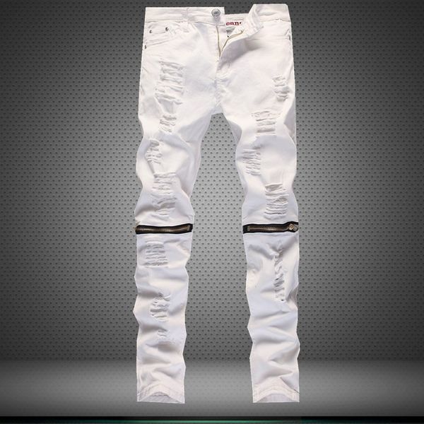 

wholesale-casual trousers large size mens zipper ripped biker jeans cotton motorcycle jeans men holes vintage white hip-hop trousers, Blue