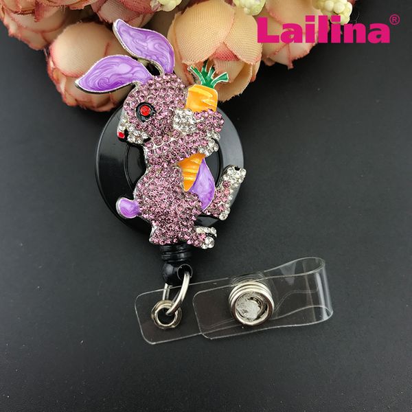 

50pcs / lot purple rabbit holding carrot id badge reel bunny nurse brooch pins retractable id badge holder, Gray