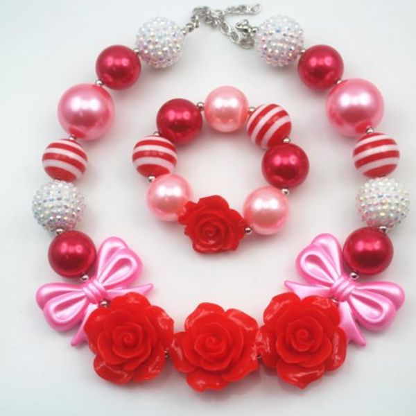 

valentine's day gift red flower pink knot chunky kids necklace&brace
