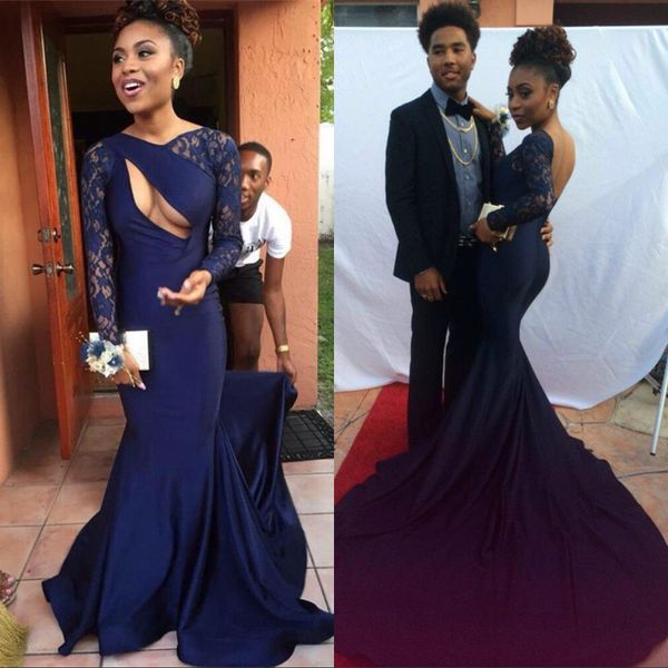 

new navy blue mermaid prom dresses bateau with illusion sheer long sleeves hollow spandex backless black girl 2k17 evening gowns