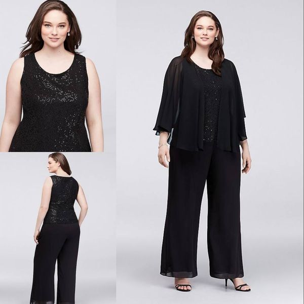 Siyah Sparkly Payetli Anne Gelin Pant Suits Jewel Boyun Custom Made Düğün Konuk Elbise Artı Boyutu Şifon Anneler Damat Elbiseler