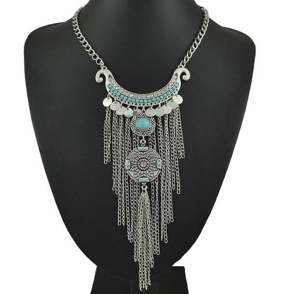 All'ingrosso-Bohemien Collana lunga con nappa Donna Boho Gypsy Coin Turchese Dichiarazione Collane Pendenti Moda Gioielli turchi Collier Femme