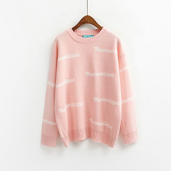 

wholesale- autumn and winter women 's casual korean retro jacquard hit color thick loose hedging long sleeved round neck knit sweater, White;black