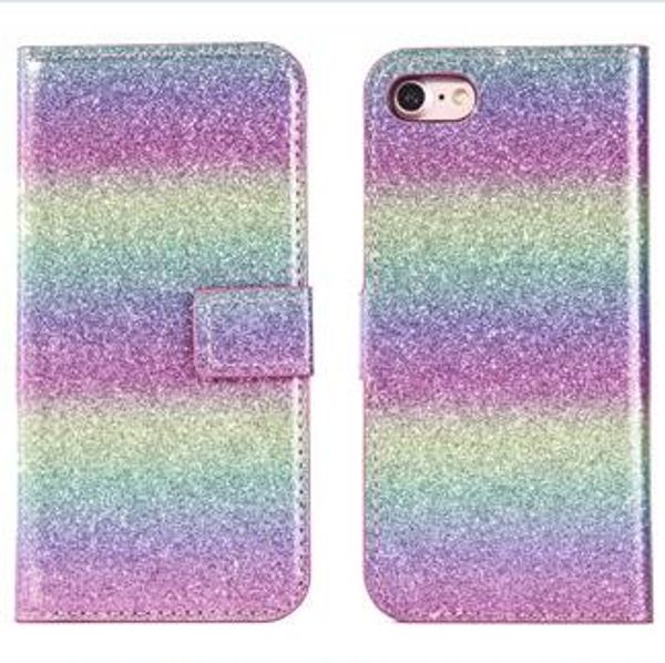 Bling Glitter Wallet Custodia in pelle Rainbow Gradient Card Stand Cover per telefono per iPhone Xs Max XR 8 Plus Samsung S10 P30 Lite