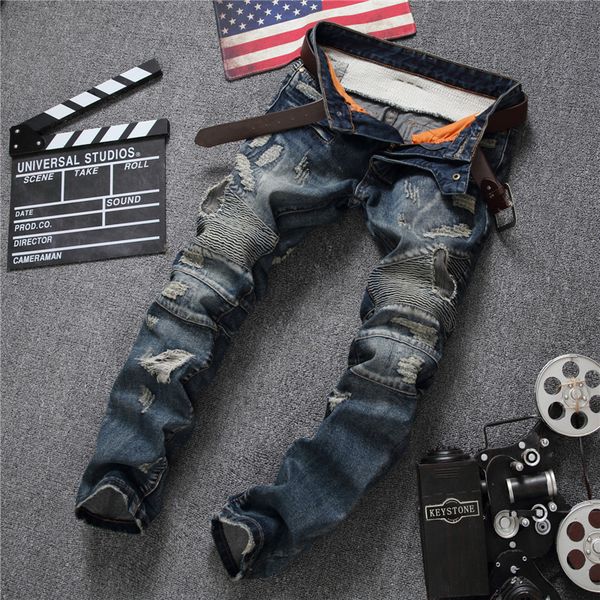 

wholesale-baggy hip hop patch men retro jeans knee rap hole zipped biker jeans men loose slim destroyed torn seretch ripped denim man pant, Blue