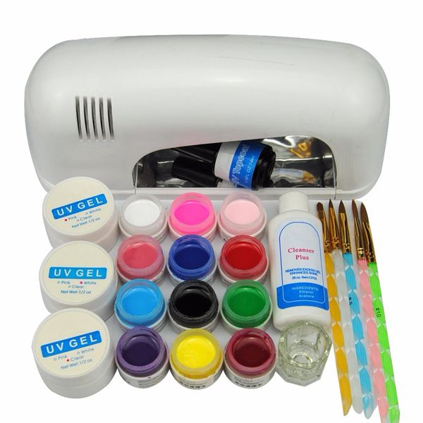 

wholesale- 2016 russia pro 9w white uv gel kits tool uv lamp brush remover nail tips glue acrylic uv nail kit 31# set