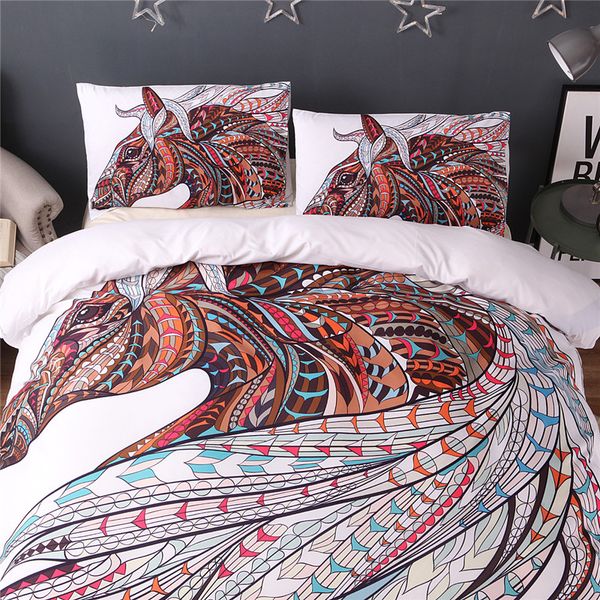Colorful Horse Printing Abstract Bedding Set White Duvet Cover Set