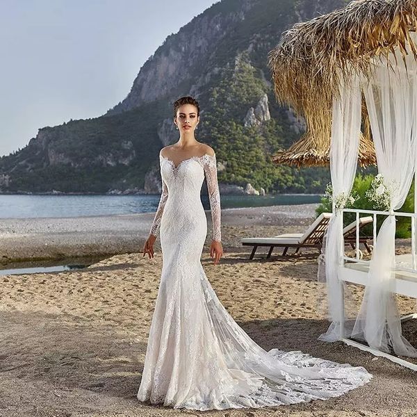 

full lace mermaid wedding dresses 2021 with long sleeves appliques see through back beach wedding bridal gowns, White