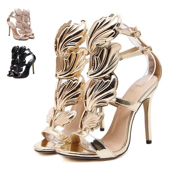 

Flame metal leaf Wing High Heel Sandals Gold Nude Black Party Events Shoes Size 35 to 40
