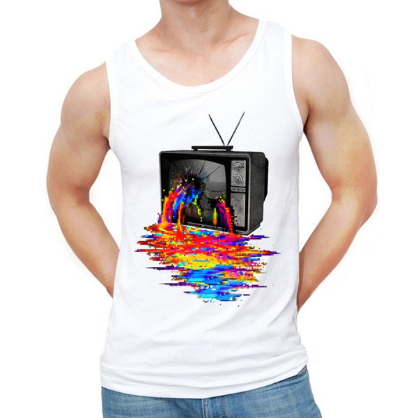 

wholesale- fashion pixel overload design 2016 summer men tank tv set vintage printed sleeveless vest, White;black