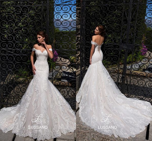 

2018 vestido de novia lace off the shoulder mermaid wedding dresses plus size custom made court train bridal gowns, White