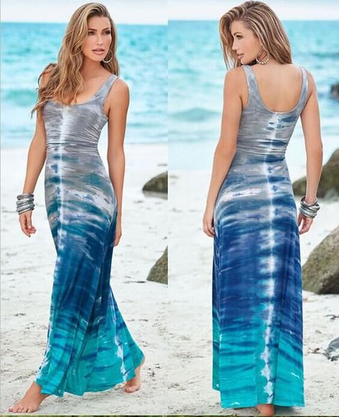 

summer style women long dress o neck gradient color print maxi beach dress elegant casual boho party dresses vestidos, Black;gray
