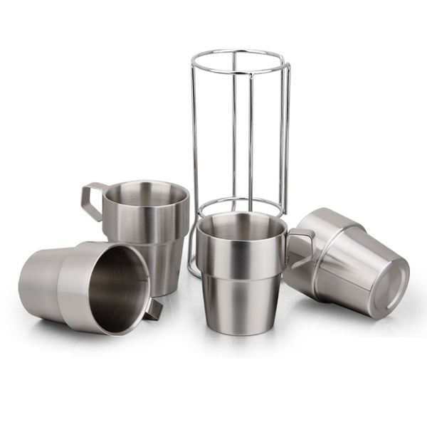 

stainless steel beer cups coffee mugs with double wall drinkware 4pcs suit 300ml with metal frame dhl ing