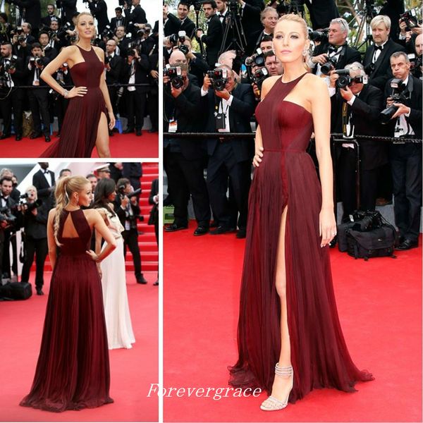 Elegante Blake Lively Burgund Tapete Vermelho Longo Vestido de Noite Celebridade Inspirado Trem Da Varredura Formal Prom Party Vestido Feito Sob Encomenda Plus Size