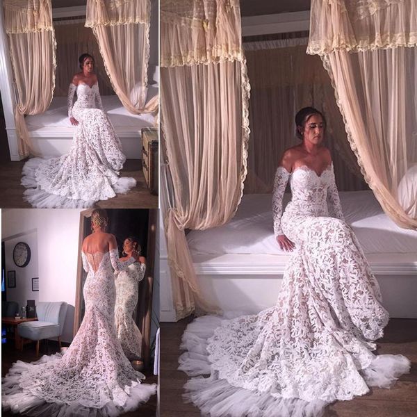 

с плеча русалка свадебные платья с длинным рукавом полный кружева винтаж труба свадебное платье аппликация спинки плюс размер платье невесты, White