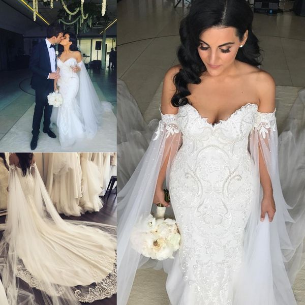 

plus size 2019 mermaid wedding dresses with shawl robe de mariee applique beading pearls wedding gowns court train sheath bridal dresses, White