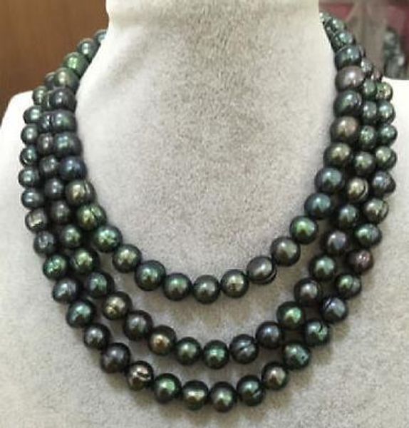 Splendida collana di perle verde pavone di Tahiti naturale da 11-12 mm Chiusura in oro 14K da 48 pollici
