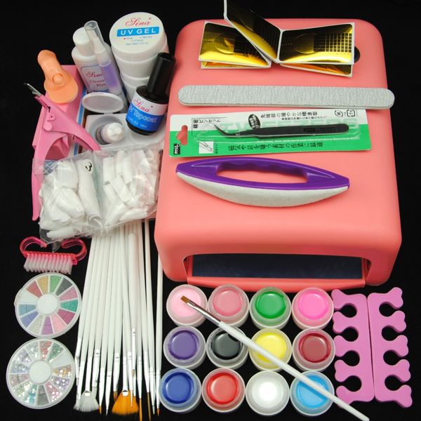 

wholesale- new 36w pink uv lamp nail dryer uv gel cleanser plus buffer block nail glue oil brush false nails tweezer set complete kit