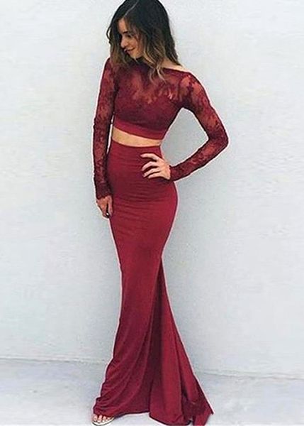 

2017 two pieces red sheer neck lace mermaid dress backless sheath evening dress with long sleeve formal party gown, Black;red