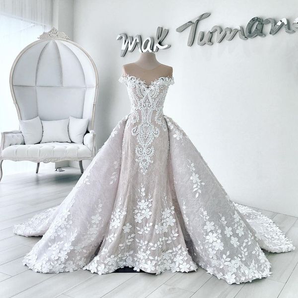 

gorgeous mermaid lace wedding dresses with detachable train sheer jewel neck backless wedding dress appliques chapel bridal gowns, White