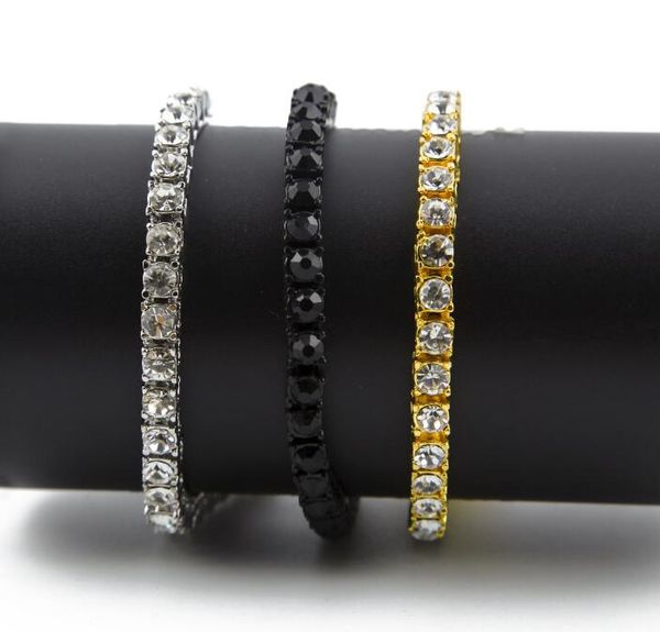 

18k men iced out 1 row rhinestones bracelet men's hip hop style clear simulated diamond bangles 2017 3colors, Golden;silver