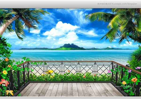 

wholesale-custom 3d wallpaper murals 3 d fantasy balcony beach seascape tv setting wall wallpaper