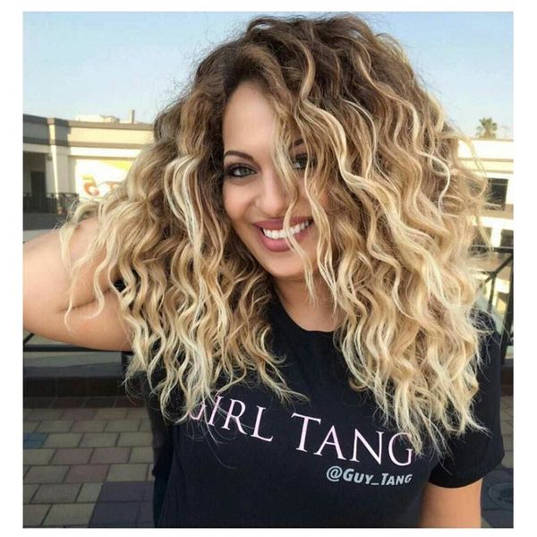 Synthetic Curly Blonde Wig Dark Roots Ombre Wig For Black White