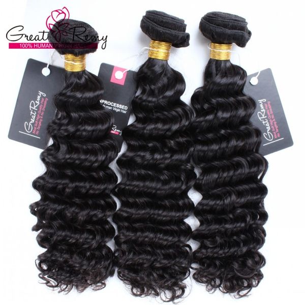 Greatremy® 9a onda profunda Brasileira Cabelo Humano Weave Bundles Natural Black Color 3 Pçs / lote 10-24 polegadas