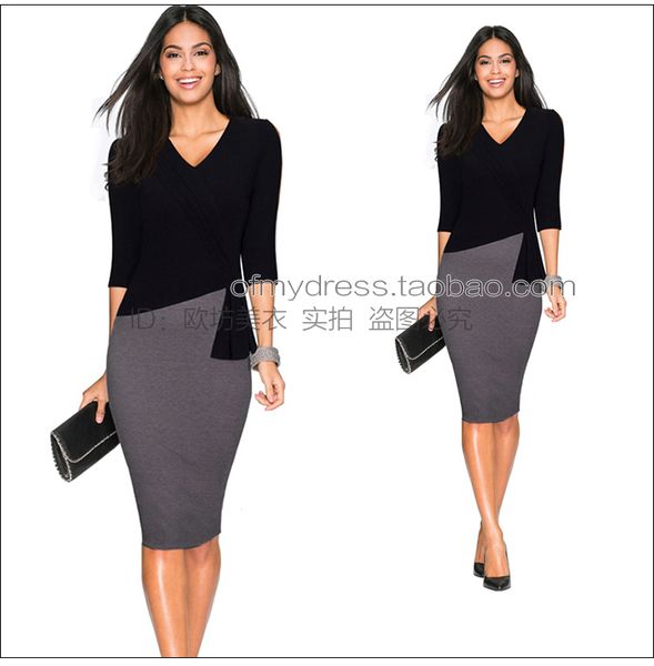

2017 осень новый женский bodycon платье три четверти рукава v-образным вырезом хлопок смесь вязание сплит одноступенчатое платье карандаша, Black;gray