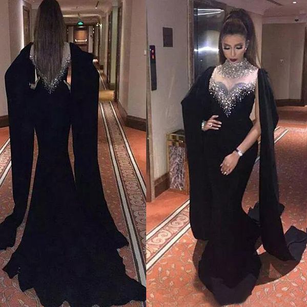 2017 Haifa Wahbe Perlen Schwarz Abendkleider Sexy Cape Stil Neueste Meerjungfrau Abendkleider Dubai Arabisch Party Kleider Echte Bilder EN9188