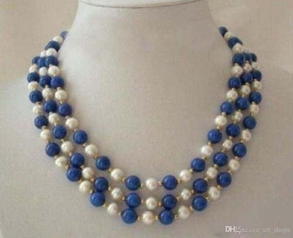 

f* 3 rows real white pearl lapis lazuli clasp necklace 17"-19" aasq, Silver