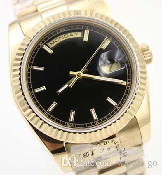 

2019 new christmas gift automatic movement man day date automatic stainless steel 38mm golden case black dial mens wristwatch, Slivery;brown