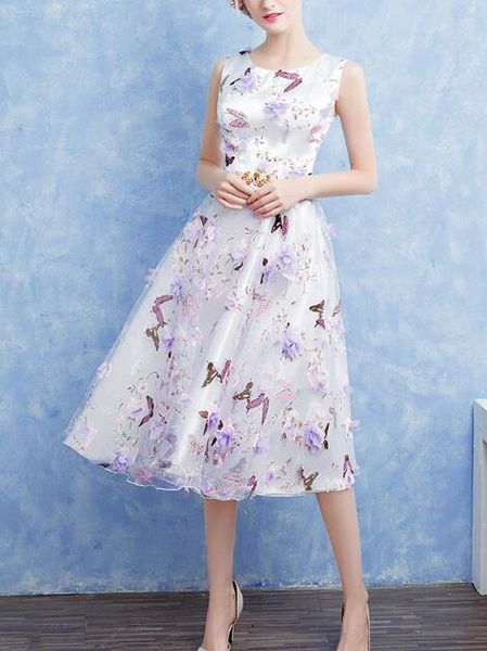 

tea length purple flower butterfly printed prom dresses round neck sleeveless a line short 2020 fashion party gowns custom size, Black