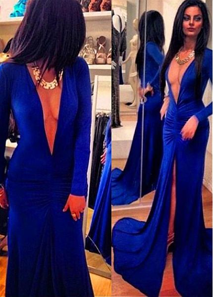 

spandex deep v-neck neckline mermaid evening dresses long sleeves royal blue prom dress vestidos de festa curto, Black