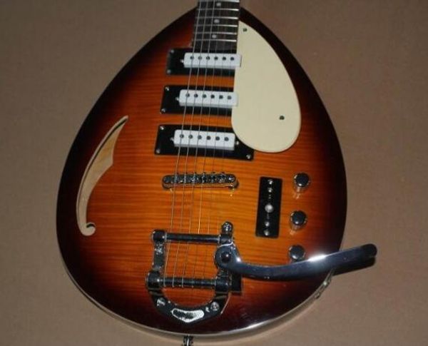 Супер электрический Rare Short шкала Хатчинс Brian Jones Вокс Teardrop Подпись Vintage Sunburst Semi Hollow Body Guitar Bigs Вибратор 3 Пикапы