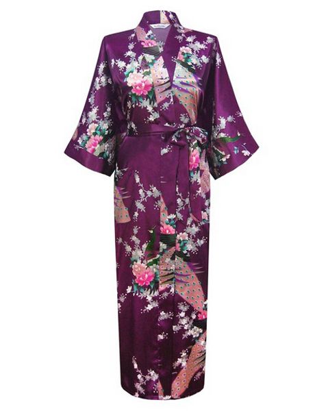 

wholesale- purple fashion women's peacock long kimono bath robe nightgown gown yukata bathrobe sleepwear with belt s  l xl xxl xxxl, Black;red