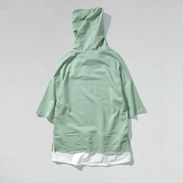 

ripped curved causal drawstring hoodie t-shirt black short tee off loose shoulder tshirts green hoodies sleeve mens hem fvejj