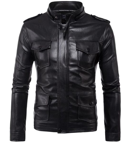 

more pockets pu leather jackets black solid color zipper hooded detachable cap long sleeve slim fit for man motorcycle jakcets ship