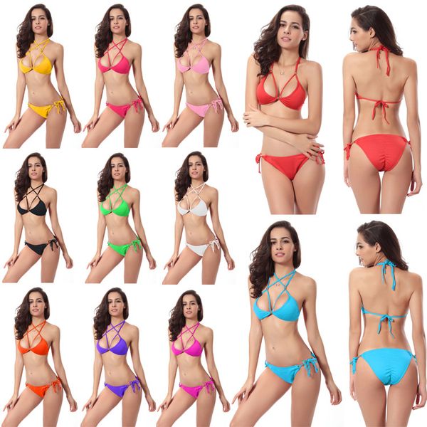 2017 Sıcak sling bikini düz renk kadın mayo bikini set mayo Çok arsız brezilya alt Maillot De Bain Bikini