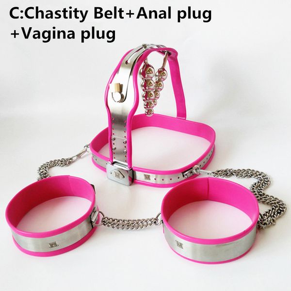 Cintura di castità con anello per coscia Plug anale per fica Acciaio inossidabile BDSM Bondage Restrizioni Lingerie SM Giochi sessuali Giocattoli per donne G7-5-7