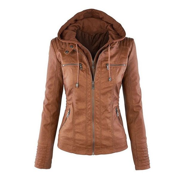 Womens New Faux Twinset Detachable Hat Autumn Winter Faux Leather Slim Jacket Hoodie Hooded Zip-up Pockets Outerwear Coats Q4326