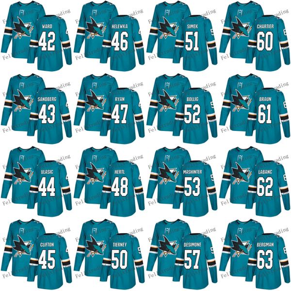 

2018 San Jose Sharks 42 Joel Ward 45 Tim Clifton 47 Joakim Ryan 48 Tomas Hertl Chris Tierney Justin Braun Radim Simek Jerseys