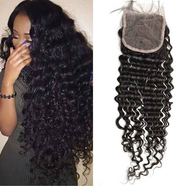 

malaysian human hair 4x4 lace closure grade 10a deep wave virgin hair closure bleached knots fdshine hair, Black;brown