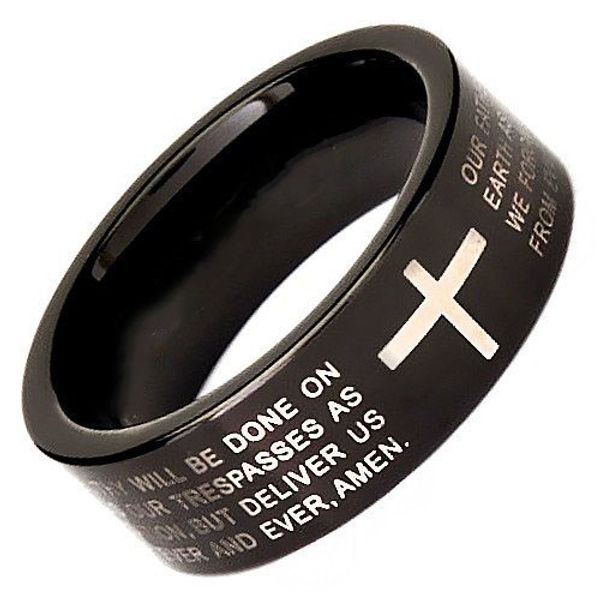 

couples black tungsten prayer ring classical jewelry finger ring for men and women black plated and cross prayer words engraved, Silver